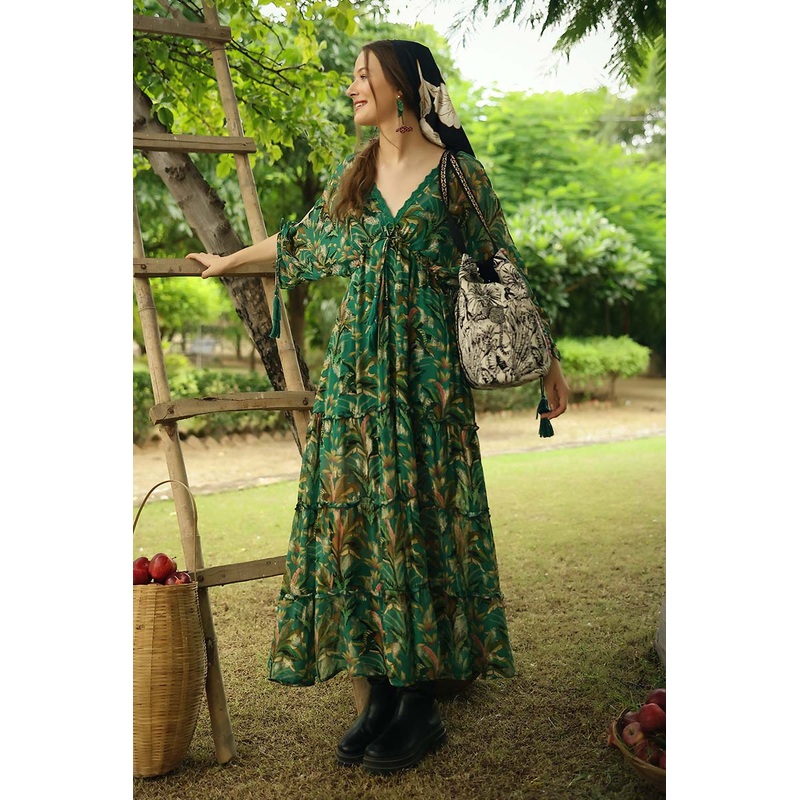 Tropical Ash Leaf Printed Maxi Dress
