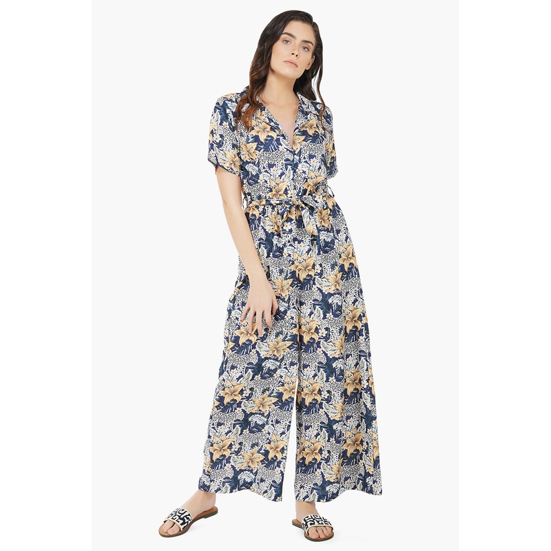 Cheerful Cheetah - Navy Leopard Jumpsuit With Pockets