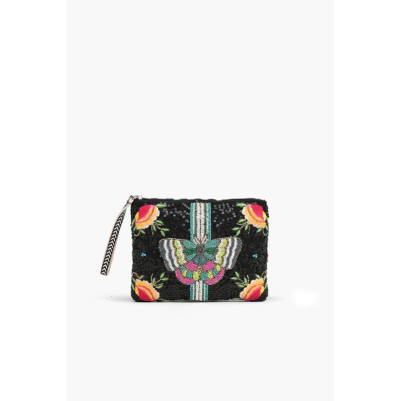 Midnight Butterfly Embellished Top Zip Clutch