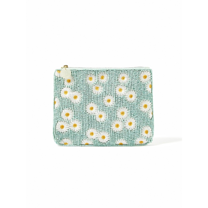 Accessorize London Women's Beaded Green Daisy Embellished PouchMake Up Bag