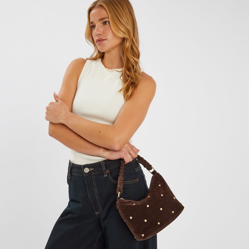 Chocolate Brown Stud Faux Suede Handheld