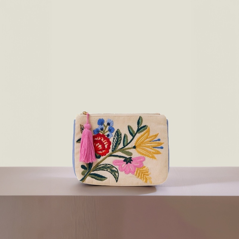 Floral Embroidered Cotton Coin Purse