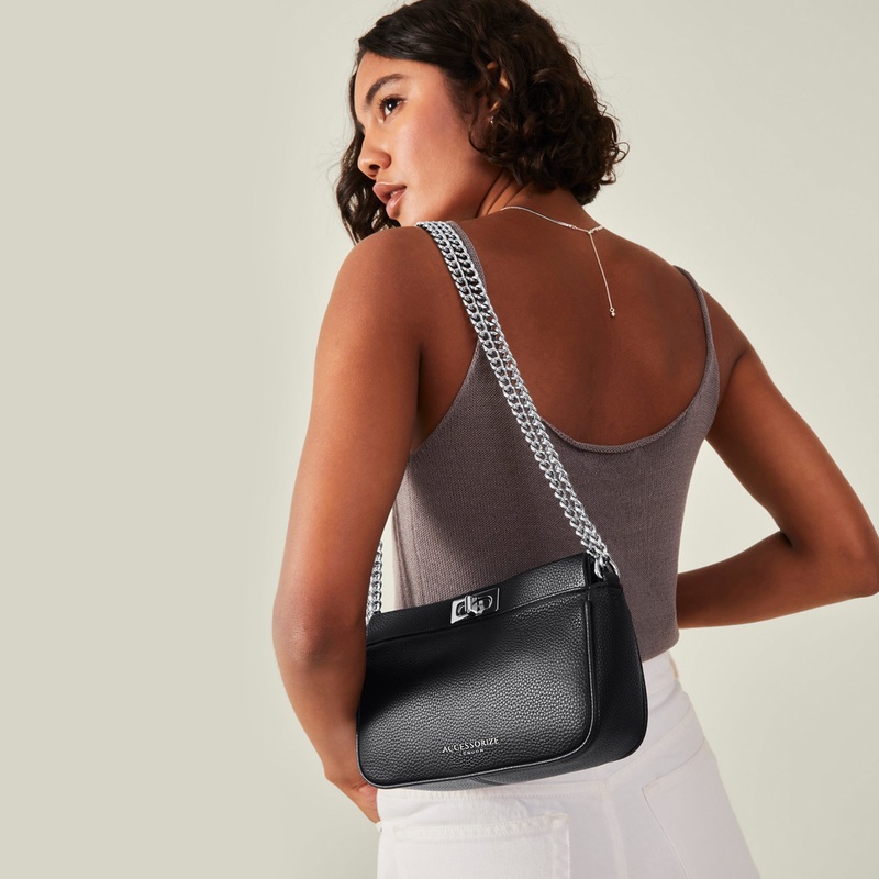 Accessorize London Women's Black Twist-Lock Chain Shoulder Bag