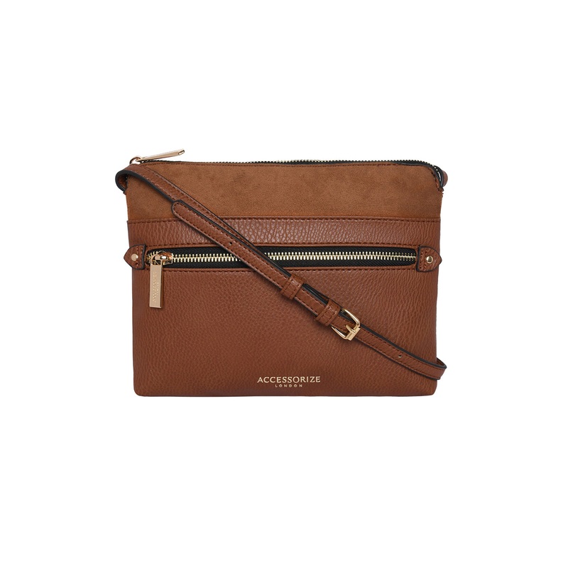 Accessorize London Women's Faux Leather Tan Elly Front Pocket Sling Bag