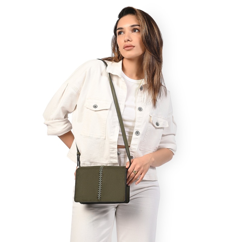 Accessorize London Women's Green Suede Stitch Detail Sling Bag