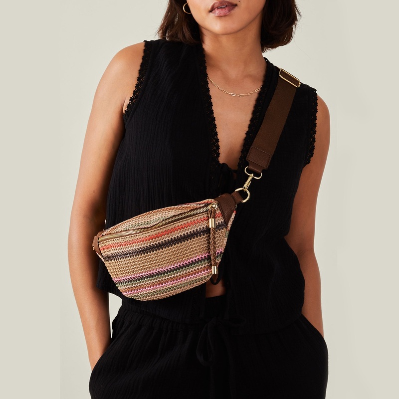 Brown Stripe Raffia Bum Bag