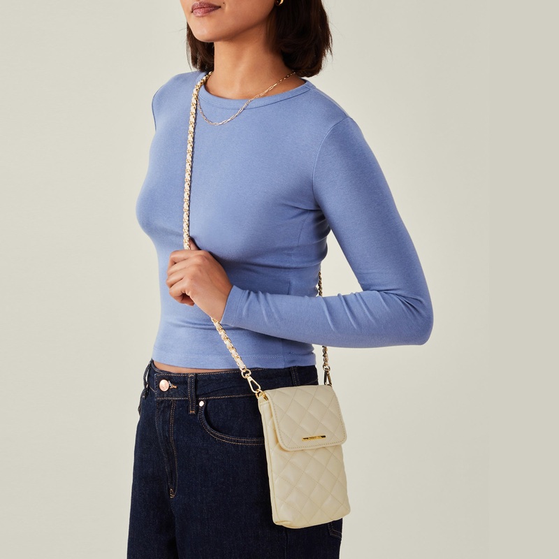 Cream Quilted Sling Phone Bag