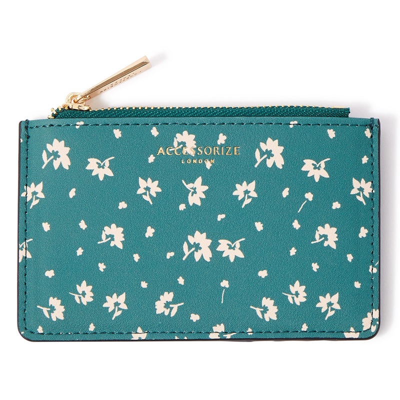 Accessorize London Women's Faux Leather Green Ditsy Print Cardholder