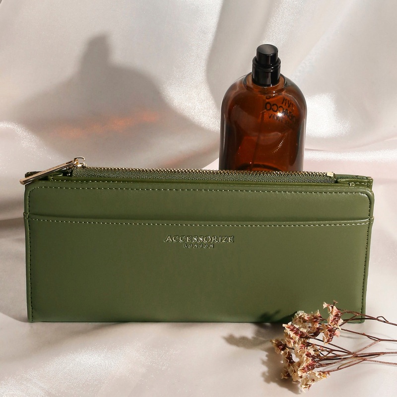 Accessorize London Women's Faux Leather Khaki Agnes Large Bifold Wallet