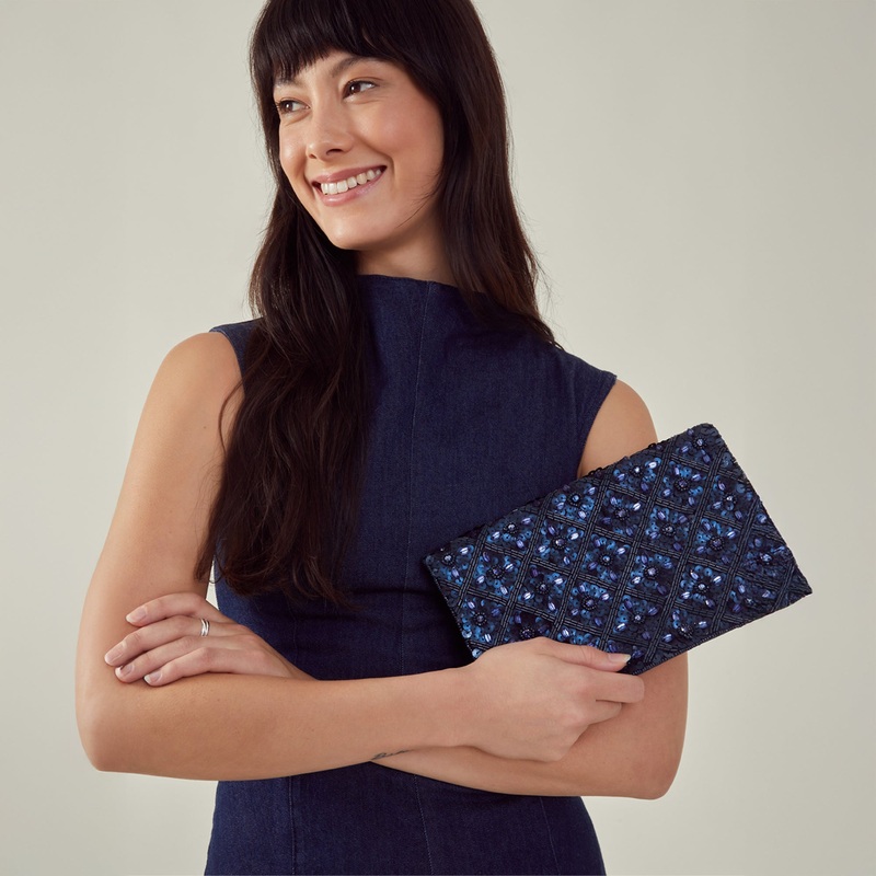 Blue Tianna Metallic Embellished Clutch Bag