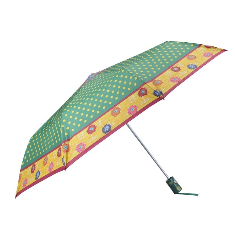 Folding Umbrella - Waterproof, Auto Open | Compact Size | Green with Yellow Border