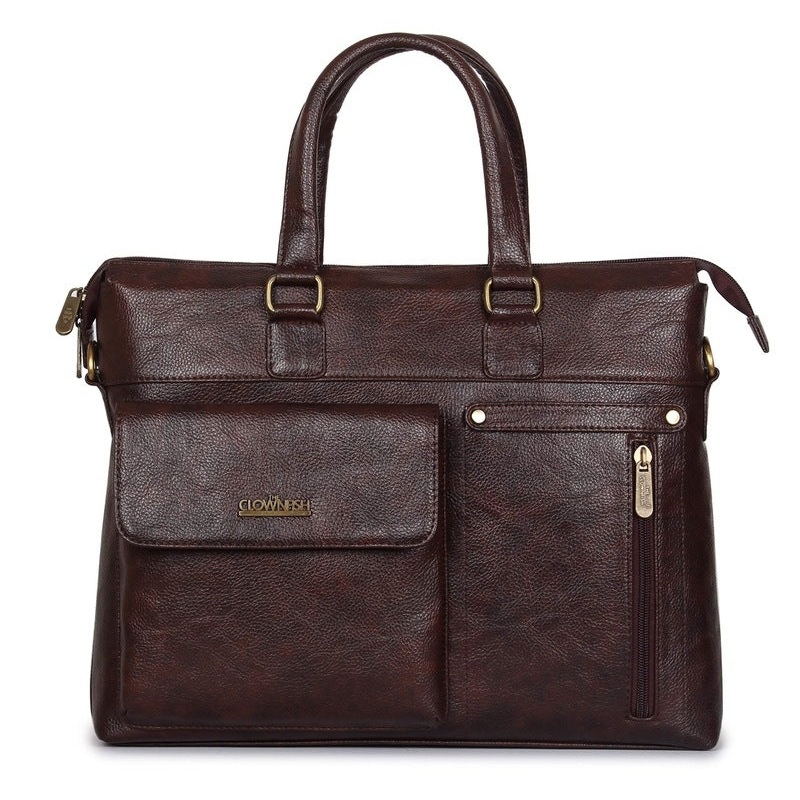 Single: Laptop Briefcase with Faux Leather Design | Adjustable Shoulder Strap | 14 inch | Dark Brown