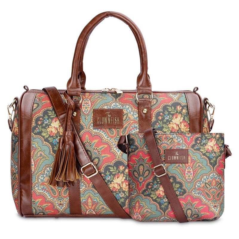 THE CLOWNFISH Combo Of Lorna Printed Handicraft Fabric & Faux Leather Handbag Sling Bag for Women & Aahna Printed Handicraft Fabric Crossbody Sling bag for Women (Dark Pink)