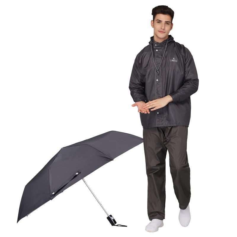 THE CLOWNFISH Combo Of Rain Coat for Men Waterproof Polyester (Grey 2XL) Umbrella Savior Series 3 Fold Waterproof Polyester (Black)
