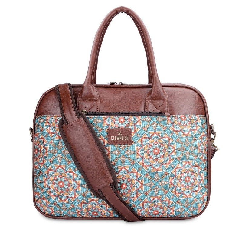 THE CLOWNFISH Deborah series 15.6 inch Laptop Bag For Women Printed Handicraft Fabric & Faux Leather Office Bag Briefcase Messenger Sling Handbag Business Bag (Cerulean Blue)