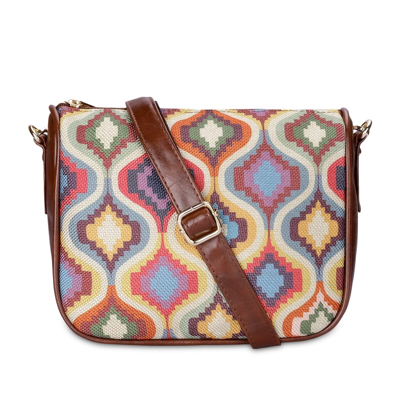 THE CLOWNFISH Garnet Series Printed Handicraft Fabric & Tapestry Crossbody Sling Bag for Women Ladies Single Shoulder Bag Shoulder Belt (Brown)