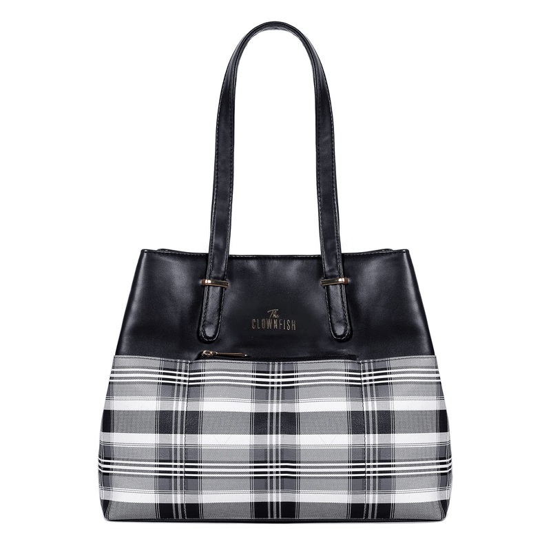 THE CLOWNFISH Gloria Handbag - Faux Leather, 15L Capacity | Stylish Checks Design | Black