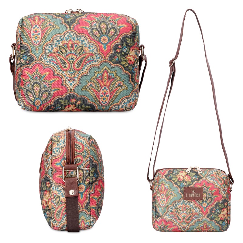 The Clownfish Isla Printed Handicraft Fabric Crossbody Sling bag for Women Casual Party Bag Purse with Adjustable Shoulder Strap and Printed Design for Ladies College Girls (Black)