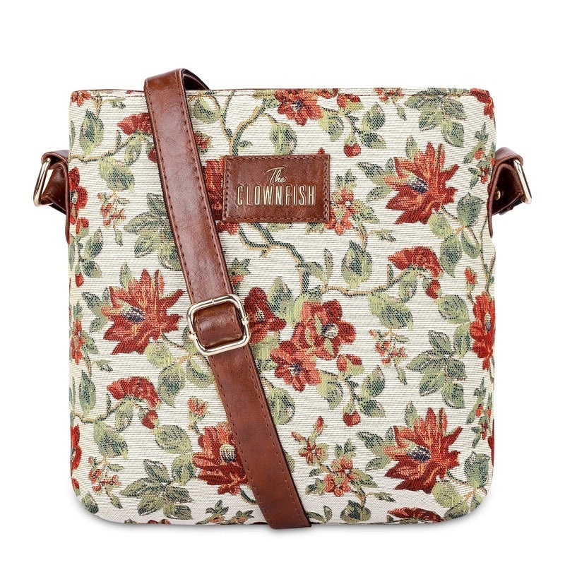 THE CLOWNFISH Linda Series Sling for Women Casual Ladies Single Shoulder Bag For Women Crossbody Bag for College Girls (Off White-Floral)