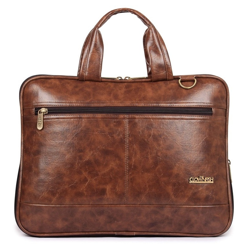 The Clownfish Miller Series Faux Leather Laptop Bag - Lightweight, Stylish | Adjustable Shoulder Strap | 14 inch | Caramel