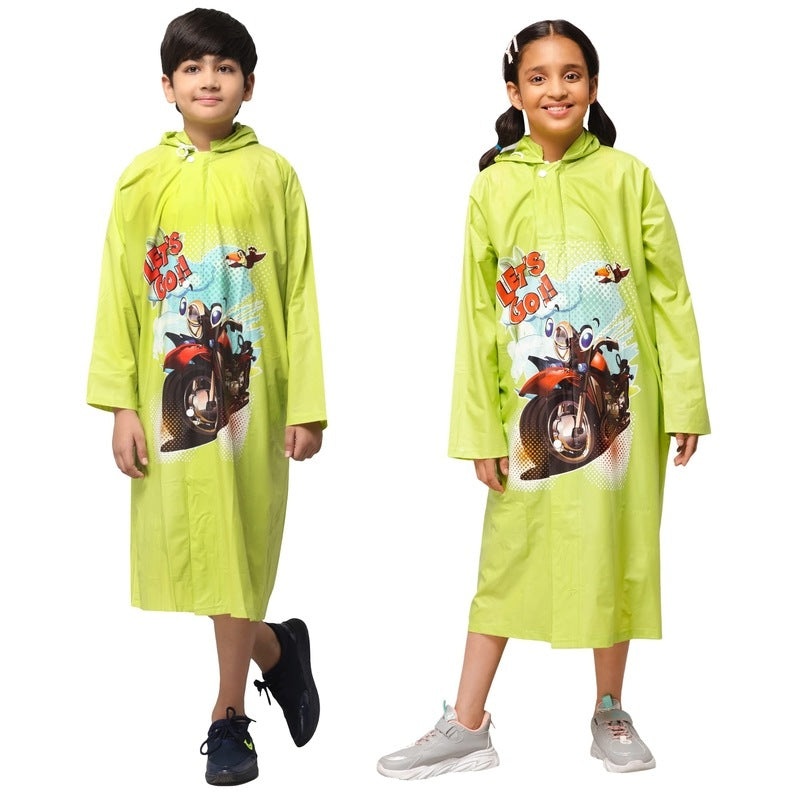 Kids Waterproof PVC Longcoat with Adjustable Hood | Extra Space for Bag | 6-7 Years | Cartoon Caper Lime