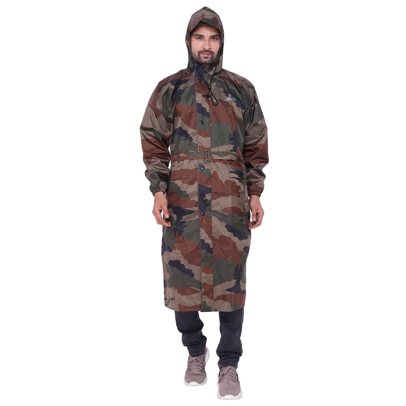 Men's Waterproof Longcoat - Reversible, Double Coating | Hood & Reflector | Free Size | Green Camo