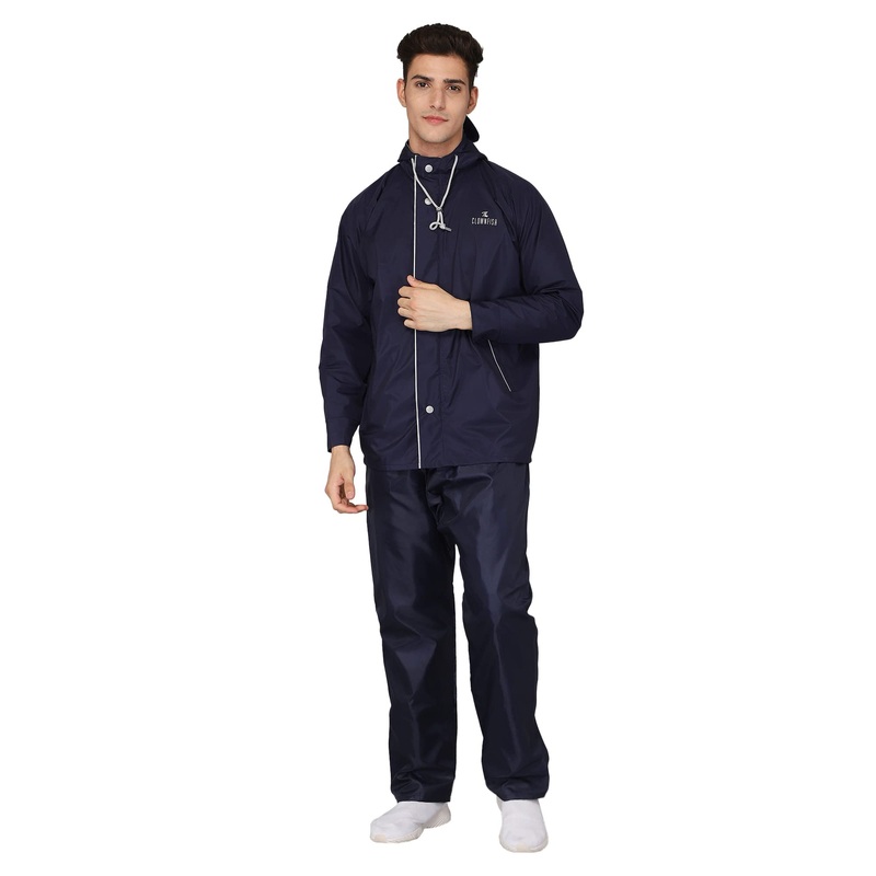 THE CLOWNFISH Arthur Series Mens Waterproof Polyester Double Coating Reversible Raincoat with Hood and Reflector Logo at Back. Set of Top and Bottom. Printed Plastic Pouch with Rope (Blue, Large)