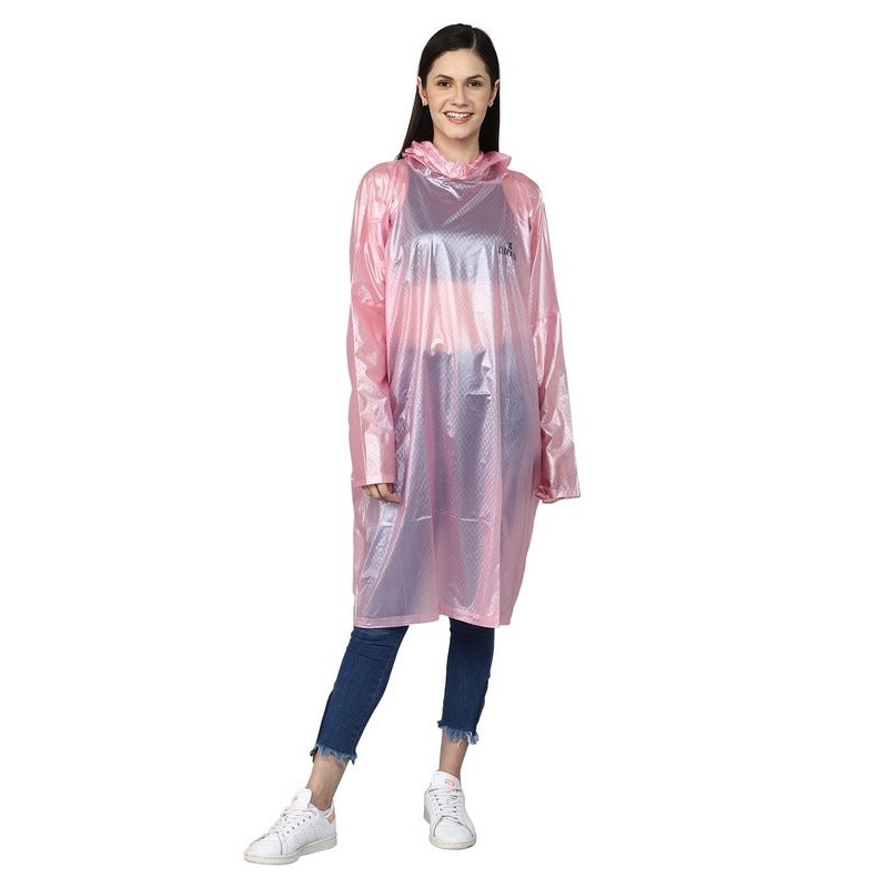 THE CLOWNFISH Avalon Series Womens Waterproof PVC Transparent Self Design Pullover Longcoat/Raincoat with Adjustable Hood (Pink, XX-Large)