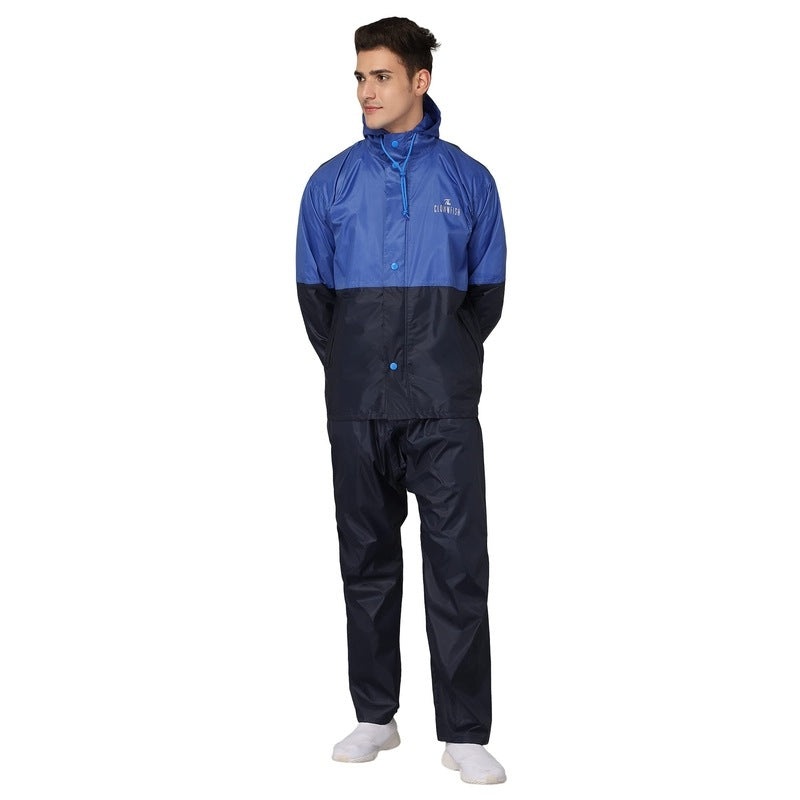 The Clownfish Julius Series Men's Waterproof Polyester Double Coating Raincoat with Hood and Reflector Logo at Back for Night Travelling. Set of Top and Bottom. Printed Plastic Pouch with Rope ( Blue, Large)