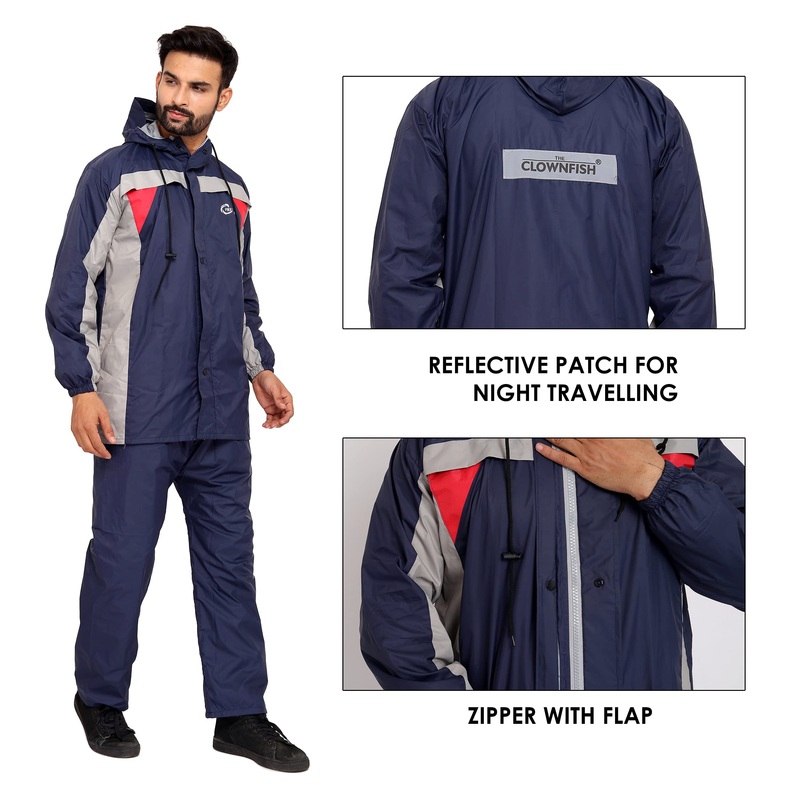 THE CLOWNFISH Men's Striped Raincoat - Waterproof, Reversible | Long Sleeve | 2XL | Premium Blue