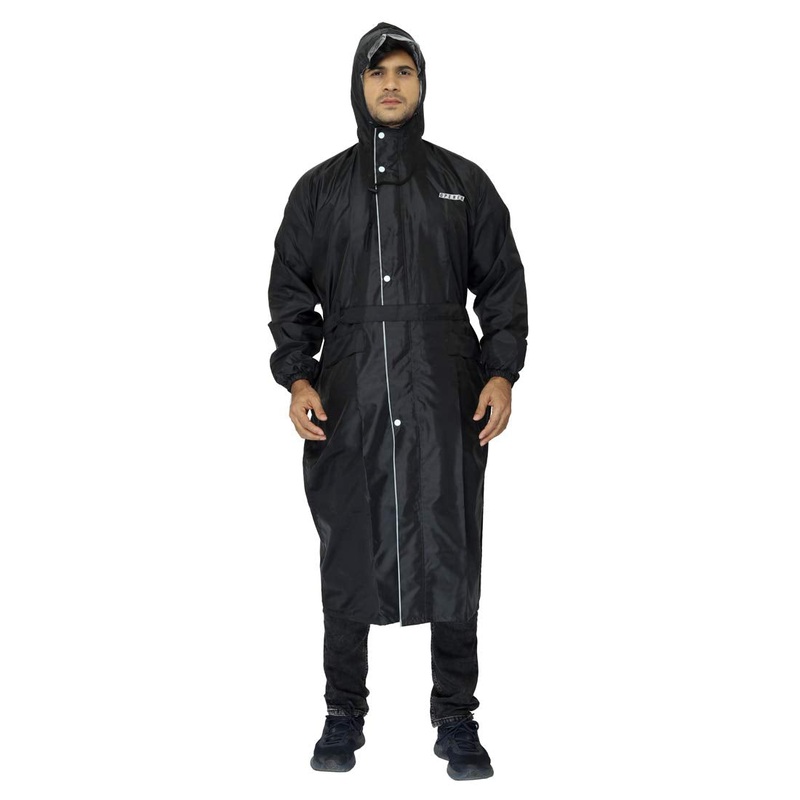 THE CLOWNFISH Mikado Series Unisex Waterproof Polyester Long Coat/Standard Length Raincoat With Adjustable Hood And Reflector Logo At Back For Night Visibility (Blue-Free Size), Black