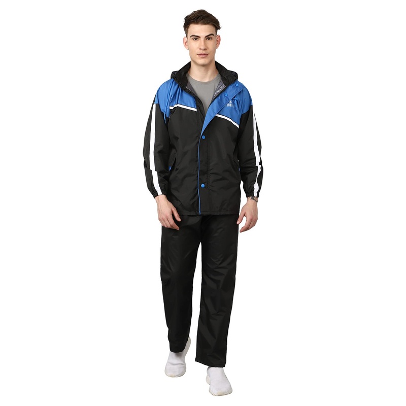 THE CLOWNFISH Nicholas Mens Waterproof Polyester Double Coating Reversible Raincoat with Adjustable Hood. Set of Top and Bottom. Drawstring Storage Bag. (Blue, XX-Large)