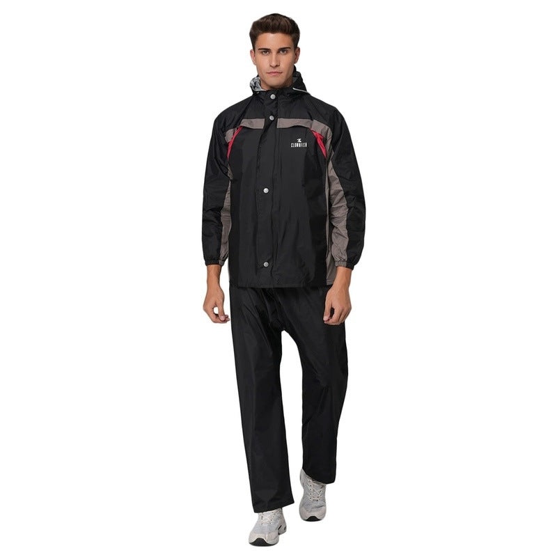 The Clownfish Premium Pro Series Men's Waterproof Nylon Double Coating Reversible Raincoat with Hood and Reflector Logo at Back for Night Travelling. Set of Top and Bottom with Storage Bag ( Black, XX-Large)