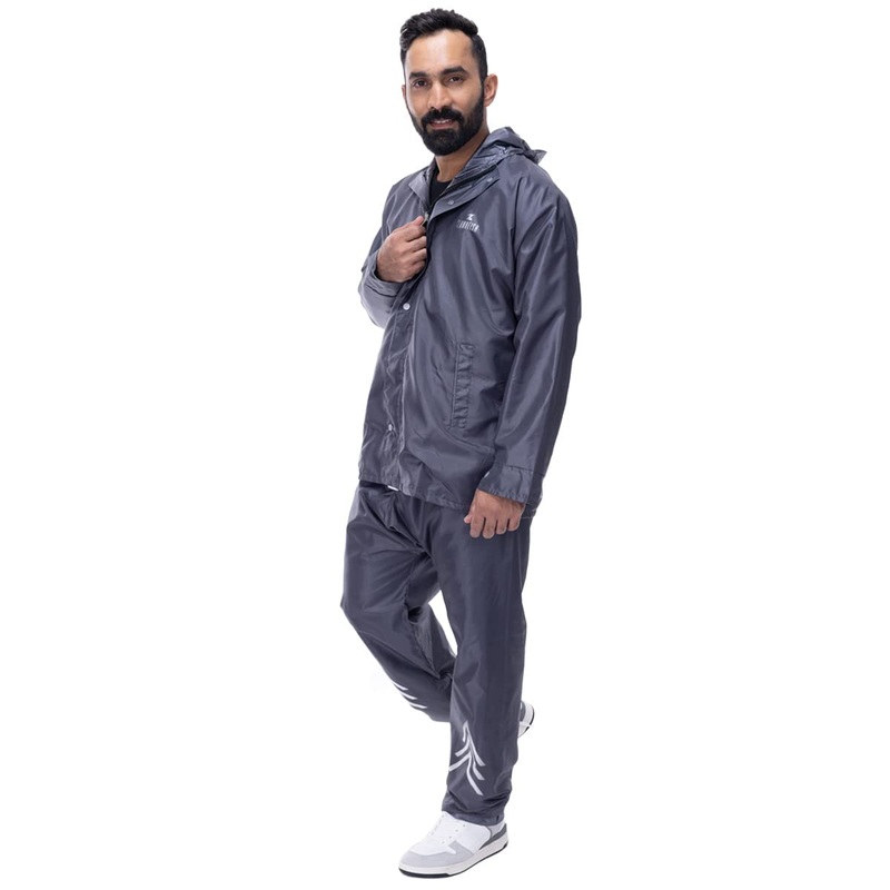 THE CLOWNFISH Rain Coat for Men Waterproof Raincoat with Pants Polyester Reversible Double Layer Rain Coat For Men Bike Rain Suit Rain Jacket Suit Inner Mobile Pocket with Storage Bag (Grey L)