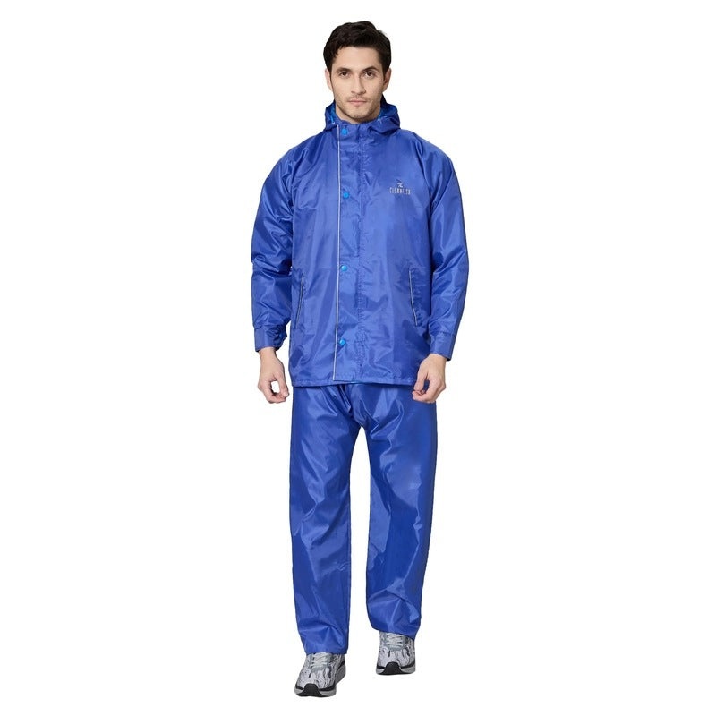 THE CLOWNFISH Rain Coat - Waterproof, Reversible Design | Includes Pants | Size L | Royal Blue
