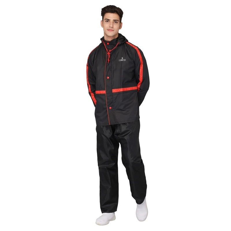 THE CLOWNFISH Richard Men's Reversible Raincoat - Waterproof, Adjustable Hood | Set of Top and Bottom | Large | Black