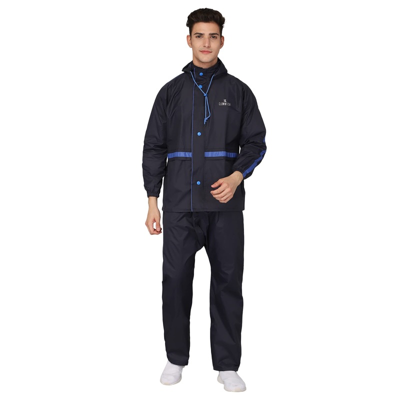 THE CLOWNFISH Richard Series Men's Waterproof Nylon Double Coating Reversible Raincoat with Hood and Reflector Logo at Back. Set of Top and Bottom. Printed Plastic Pouch with Rope (Blue, X-Large)