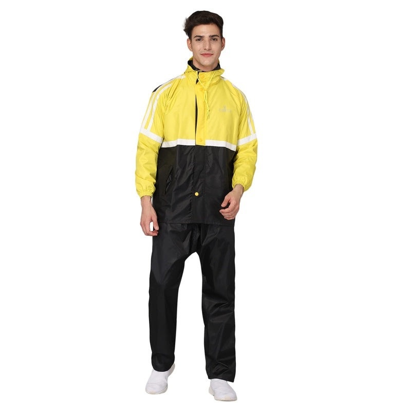 THE CLOWNFISH Solomon Series Men's Waterproof Polyester Double Coating Reversible Raincoat with Hood and Reflector Logo at Back. Set of Top and Bottom. Printed Plastic Pouch with Rope (Blue, Large)