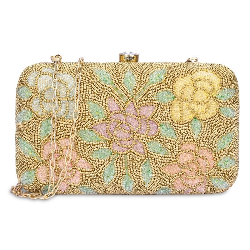 Womens Party Clutch with Floral Design & Detachable Chain | Evening Bag | Size: 21x4x12 cm | Yellow Ochre