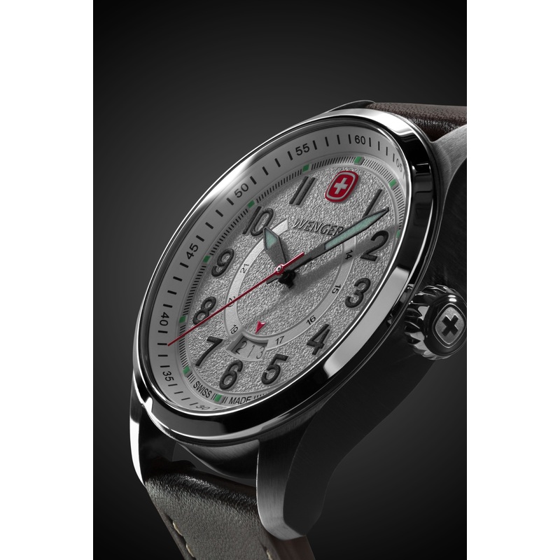 Wenger Terragraph Swiss Watch in Stainless Steel with White Dial and Dark Brown Leather Strap