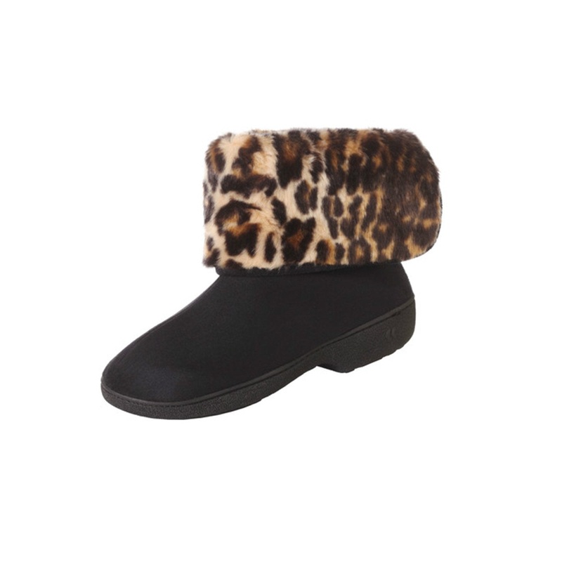 Isotoner Women's Microsuede Boot Slippers with Cheetah Cuff