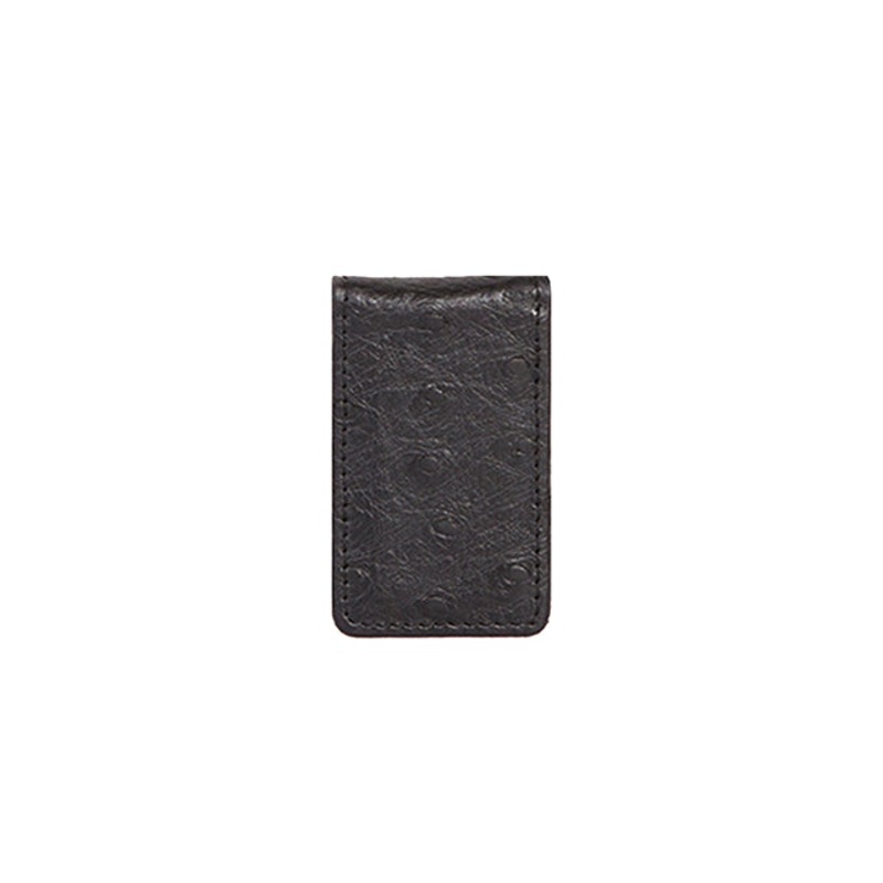 Leather Ostrich Print Magnetic Money Clip -black
