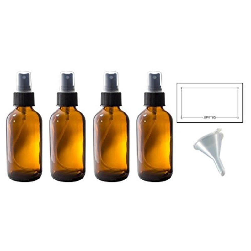4 oz Amber Glass Boston Round Fine Mist Spray Bottle (4 Pack) + Funnel and Labels for Essential Oils, Aromatherapy, Food Grade, bpa Free