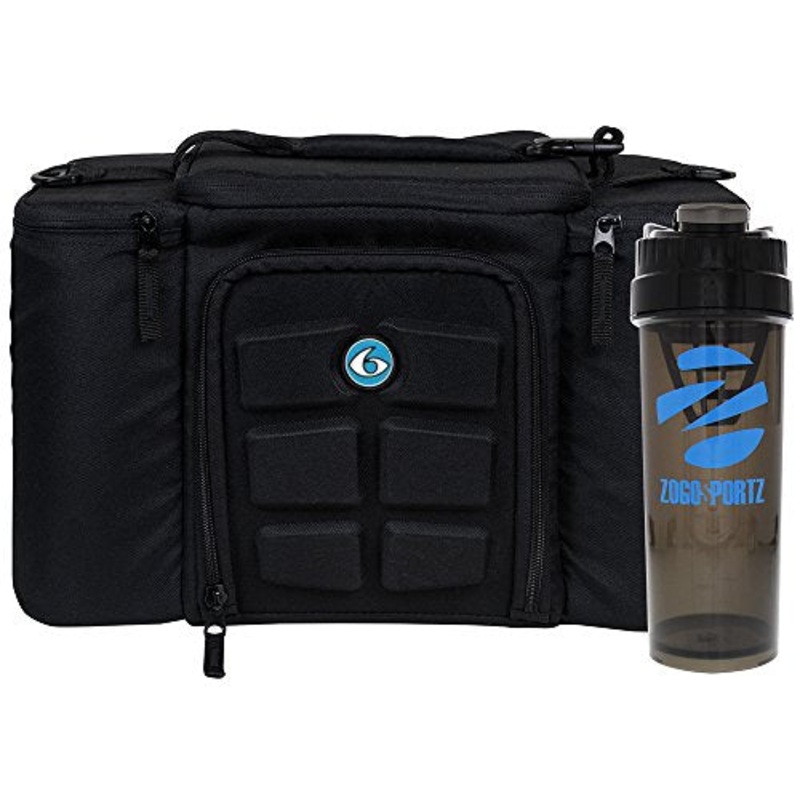 6 Pack Fitness Insulated Meal Prep Bag, Innovator 300 Black/Neon Blue (3 Meal) w/Bonus ZogoSportz Cyclone Shaker