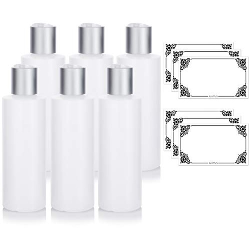 Clear Natural Refillable Plastic Squeeze Bottle with Disc Cap - 6 oz (6 Pack) + Labels