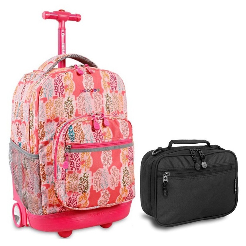 J World Pink Forest Sunrise Roller Backpack Back Pack and Black Cody Lunch Bag Bundle Set