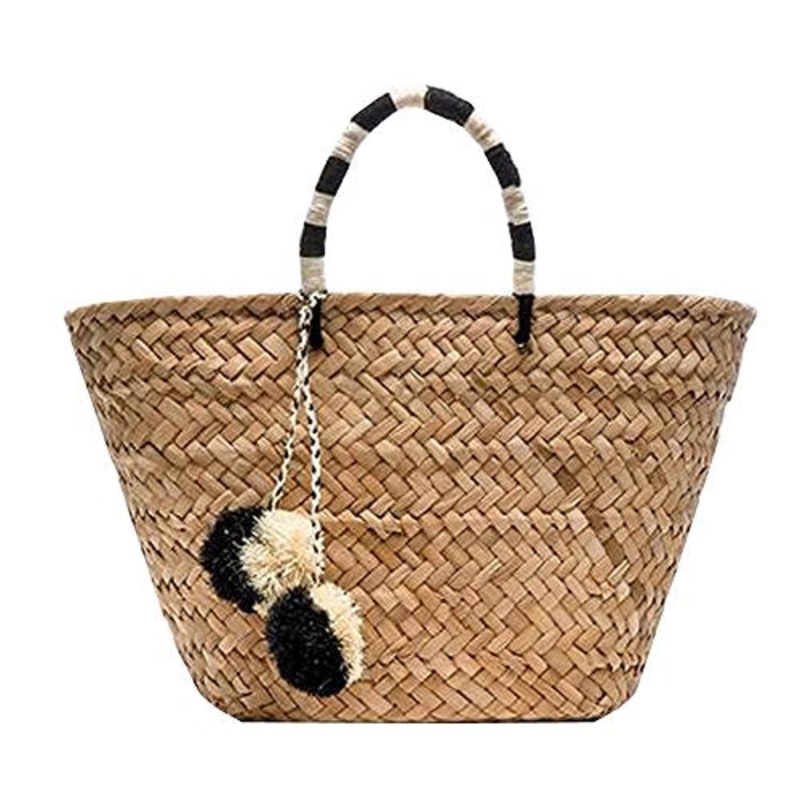 Straw Bag Handmade Beach Handbag Summer Bag Lightweight With Balls