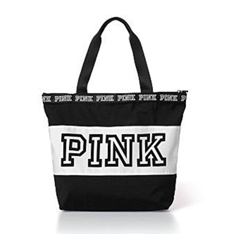 Victoria'S Secret Pink Beach Travel Tote Zip Top Bag Begonia / Grey / Black (Black)