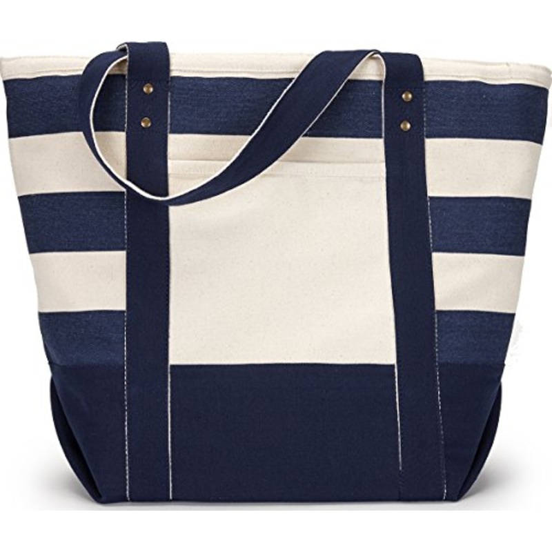 Zuzify Nautical Zippered Canvas Tote Bag. Dy1090 Os Navy / Blue Stripe