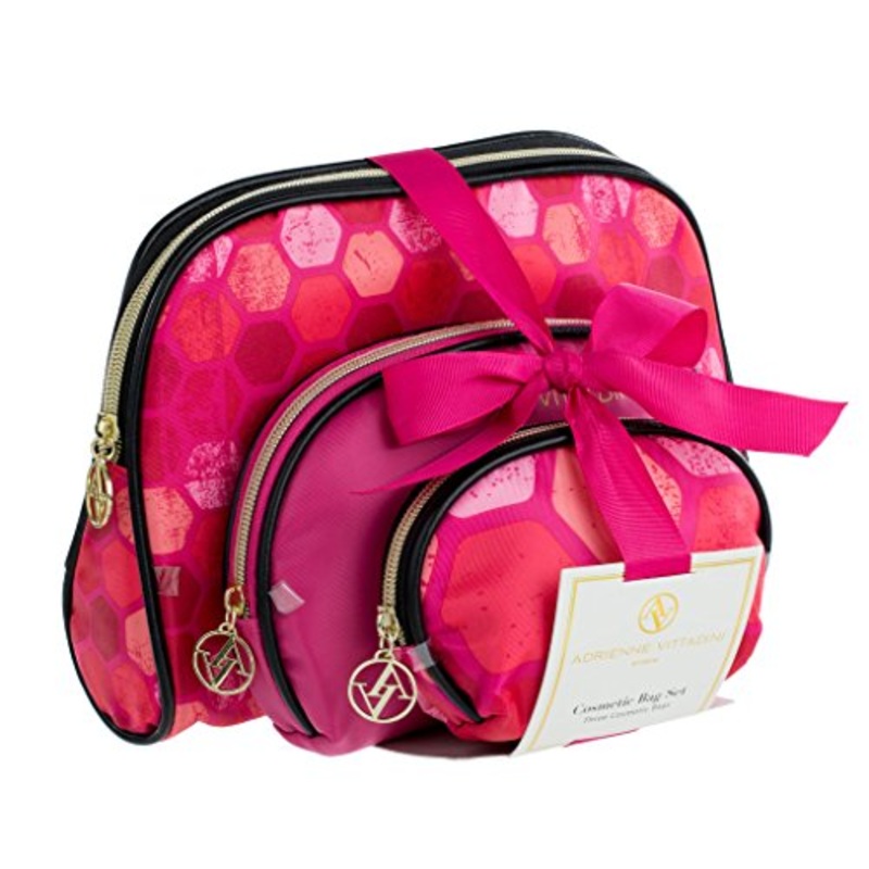 Adrienne Vittadini Set Of 3 Dome Cosmetic Cases Black And Pink Hex
